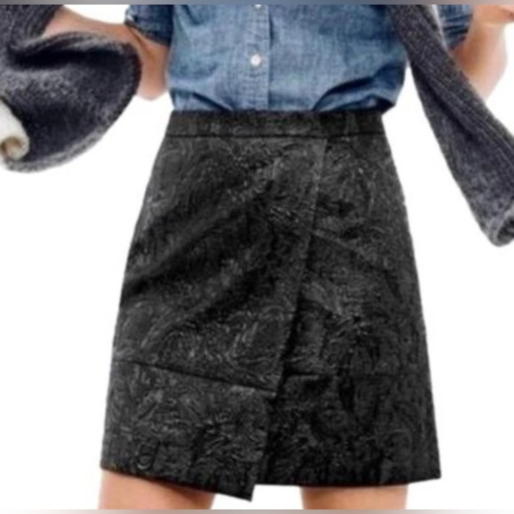 J.Crew Mock Wrap Black Brocade/Jacquard Mini Skirt w Metallic Threads, size 4